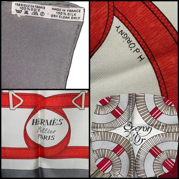 HERMES Carre "Eperon d’or" Silk Gray White Red 100% Silk Scarf 90cm Square - Picture 3 of 16